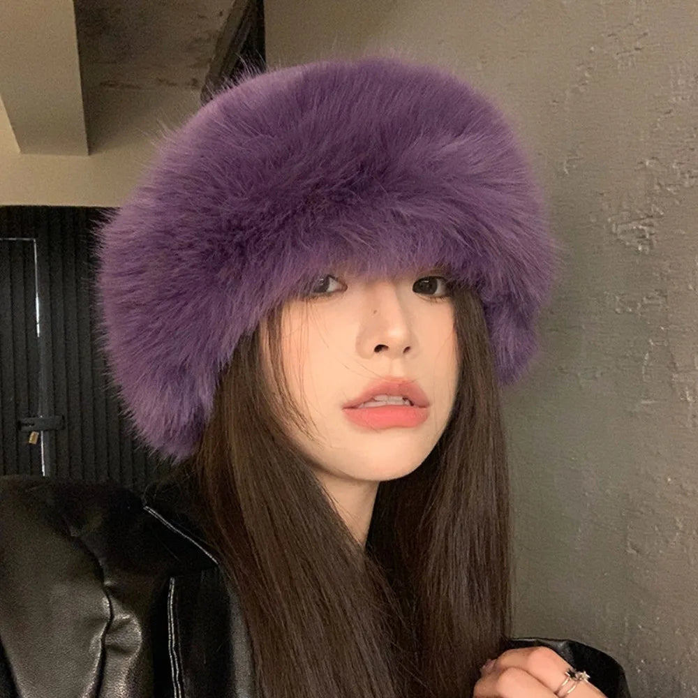 New Fluffy Fur Bucket Hat for Women: