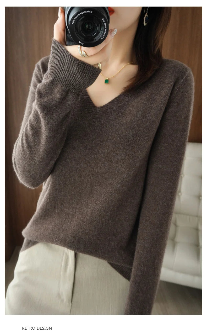 New Cashmere Women's V-neck Pullover Lace Neck Hollow Out Design Sweater: